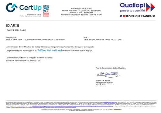 Exaris est certifi&eacute; Qualiopi (Certificat n&deg;: FRCM24807) pour ses activit&eacute;s de formation